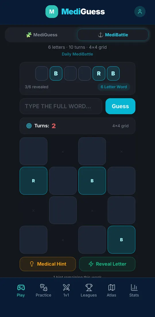 The MediBattle grid with letters revealed