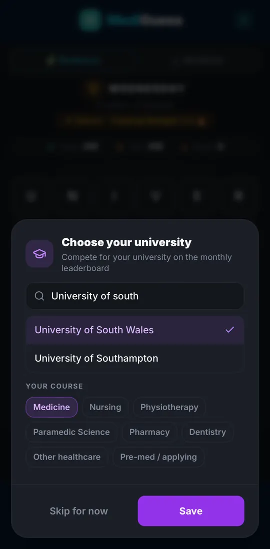 Choose your university screen with a search box and course options